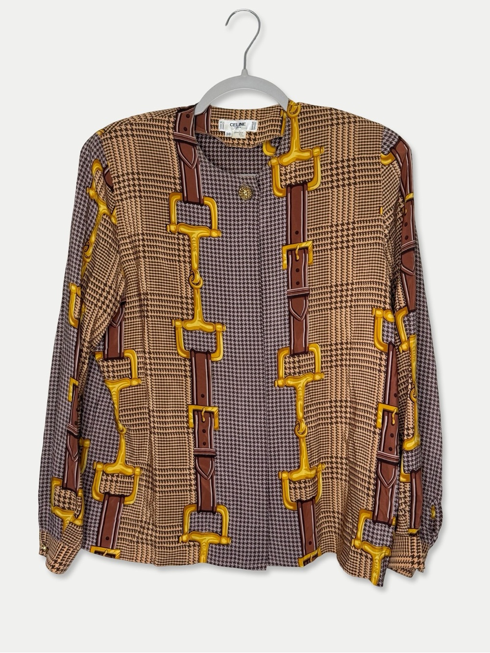 RARE Vintage CELINE Paris Silk Horsebit Equestrian Houndstooth Blouse FR 38